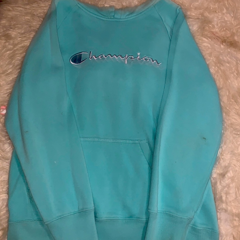 Champion hoodie, light blue, and to little stains!